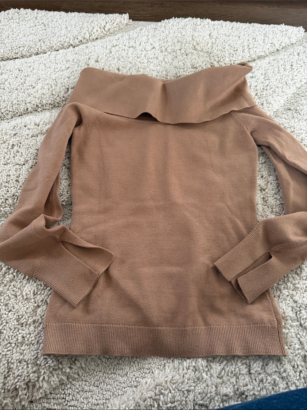 BCBGeneration Off-Shoulder Fold-Over Sweater in Camel Brown